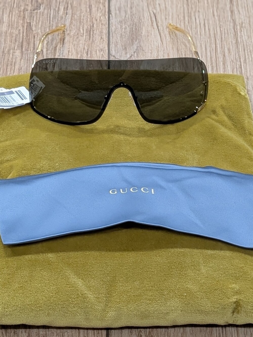 $710 Mens Authentic GUCCI 99mm Wrap Sunglasses Gold/Gray